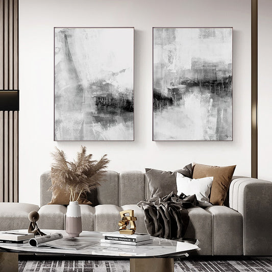 * Featured Sale * Set of 2Pcs Black White Abstract Wall Art Fine Art Canvas Prints Contemporary Pictures For Modern Apartment Living Room