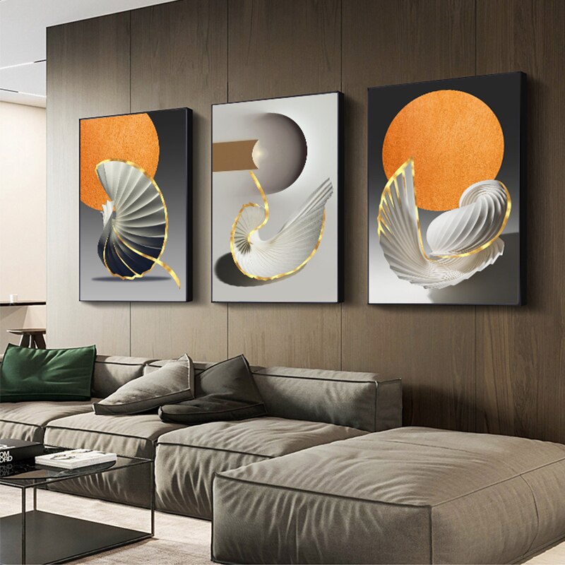 Modern Abstract Orange Golden Flowing Wall Art Fine Art Canvas Prints Pictures For Modern Loft Apartment Luxury Living Room Home Office Decor