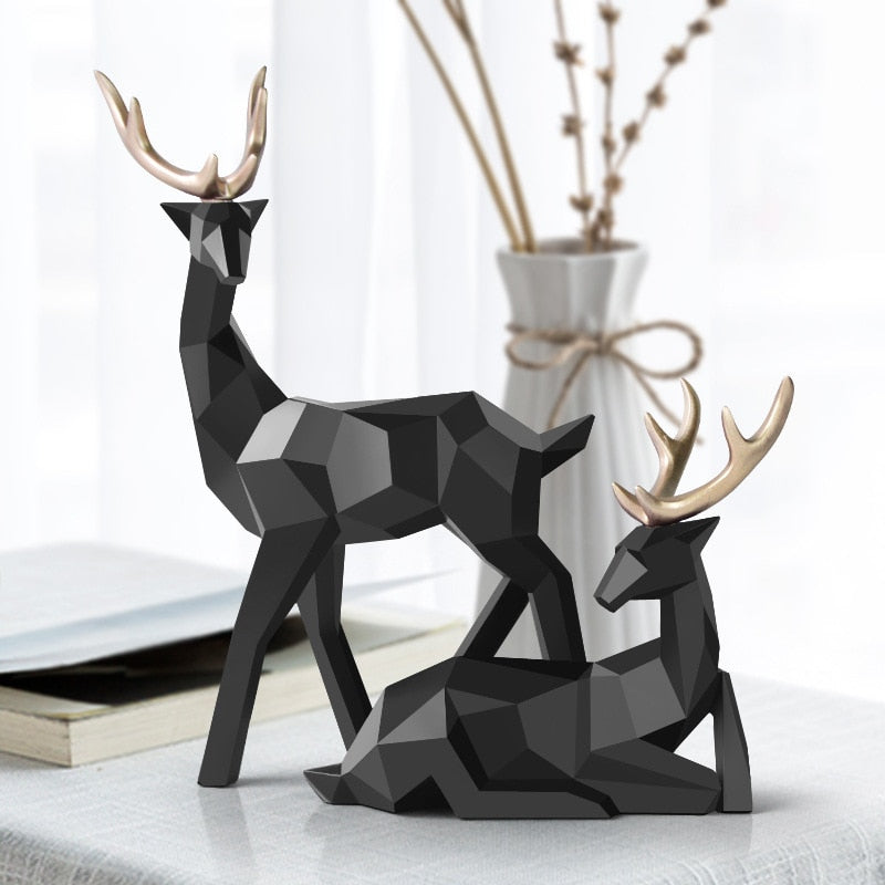Set of 2Pcs Geometric Golden Reindeer Sculptures Majestic Nordic Deer Statues For Living Room Tabletop Decoration In White Black Gold Blue Set of 2