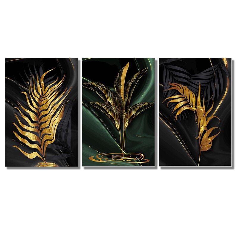 Set of 3 Pcs Black Green Golden Palm Leaves Wall Art Fine Art Canvas Prints Modern Tropical Botanical Pictures For Living Room Dining Room Home Office Decor