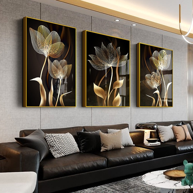 Abstract Exotic Black Golden Floral Wall Art Fine Art Canvas Prints Tropical Botanic Pictures For Luxury Apartment Living Room Dining Room Art Decor