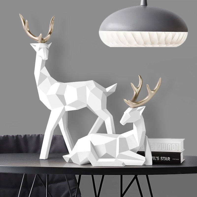Set of 2Pcs Geometric Golden Reindeer Sculptures Majestic Nordic Deer Statues For Living Room Tabletop Decoration In White Black Gold Blue Set of 2