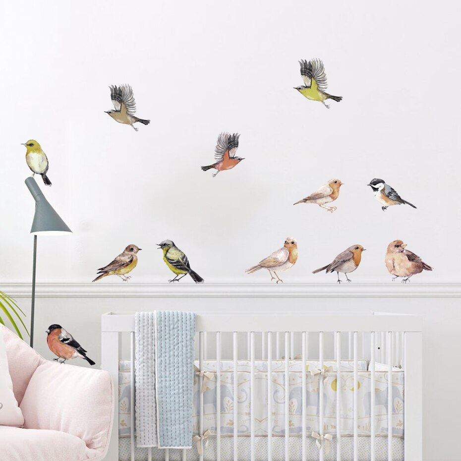 Blue Tit Robin Sparrow Garden Birds Wall Decals Removable PVC Vinyl Wall Stickers For Nursery Room Baby's Room Creative DIY Kindergarten Wall Decor