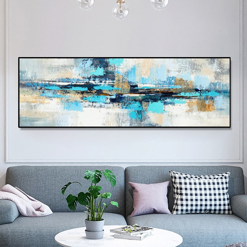 Modern Abstract Wide Format Wall Art Shades Of Blue Beige Gray Contemporary Pictures For Bedroom Above The Bed Or Above The Sofa Wall Decor