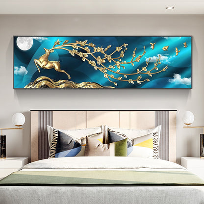 Auspicious Jade Blue Flowing Golden Deer Moonlight Abstract Wall Art Fine Art Canvas Prints Wide Format Modern Bedroom Picture For Above The Bed