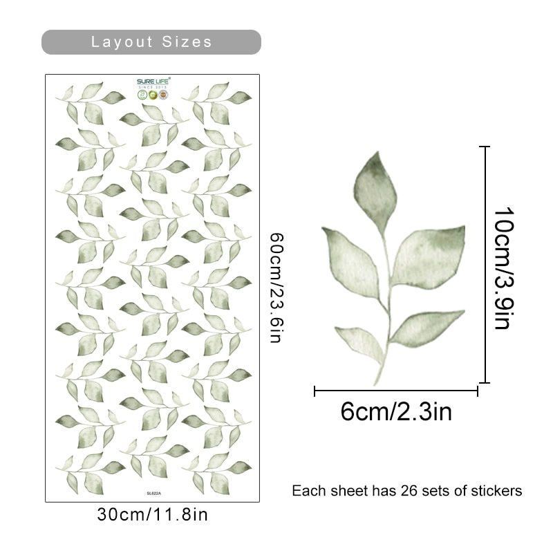 Green Leaf Sprigs Watercolor Wall Decals Removable PVC Vinyl Wall Stickers For Kitchen Dining Room Living Room Simple Creative DIY Home Decor