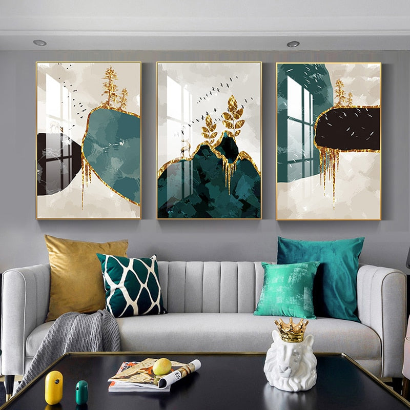 Abstract Nordic Landscape Wall Art Fine Art Canvas Prints Auspicious Golden Deer Pictures For Luxury Living Room Dining Room Modern Home Decor