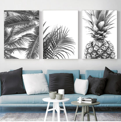 Tropical Palm Leaves Pineapple Wall Art Fine Art Canvas Prints Black White Minimalist Exotic Botanical Pictures For Living Room Home Office Wall Decor