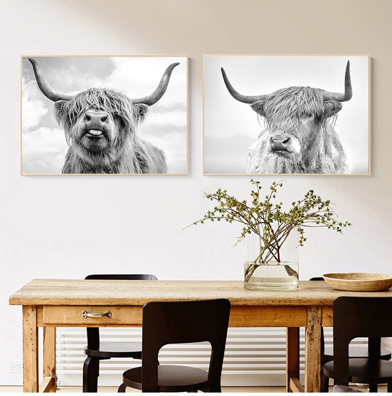 Black & White Highland Cattle Wall Art Fine Mountain Yak Bison Pictures For Living Room Dining Room Home Office Scandinavian Interior Decor