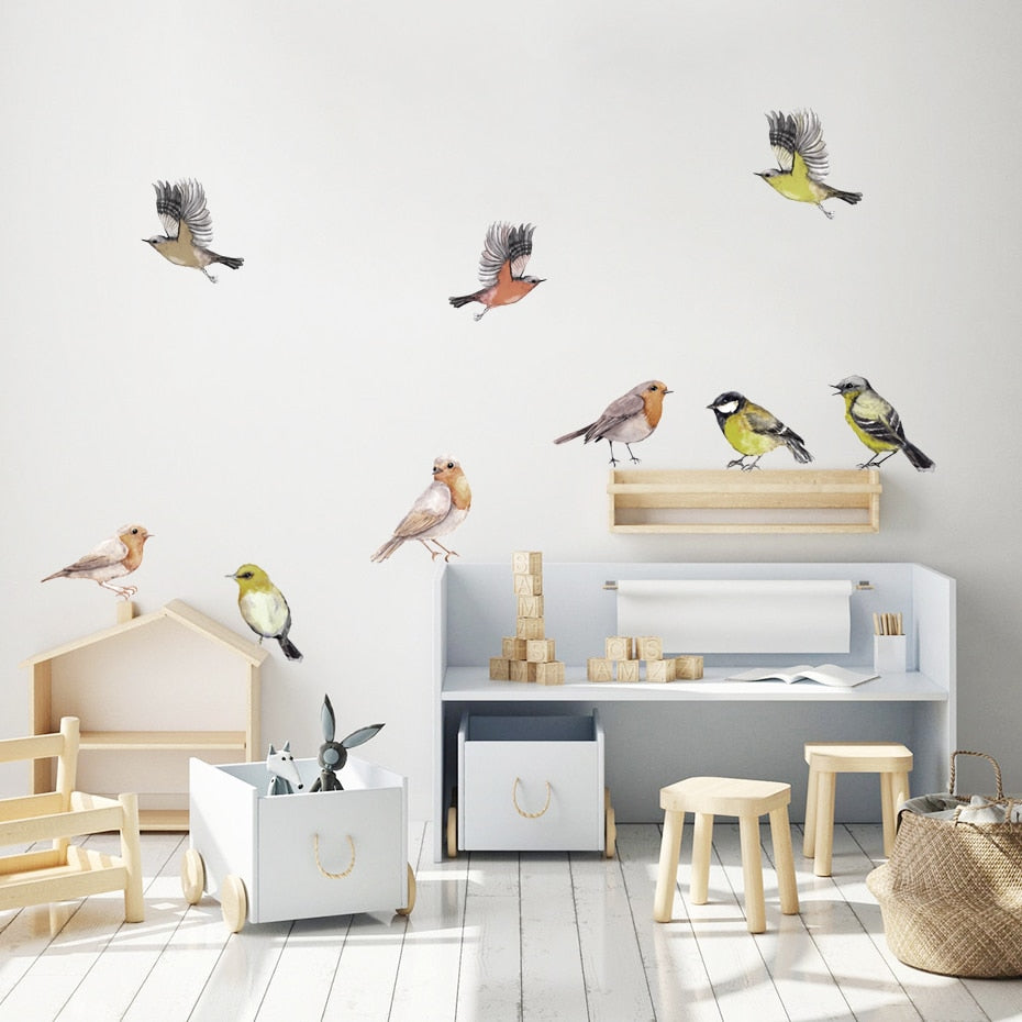 Blue Tit Robin Sparrow Garden Birds Wall Decals Removable PVC Vinyl Wall Stickers For Nursery Room Baby's Room Creative DIY Kindergarten Wall Decor