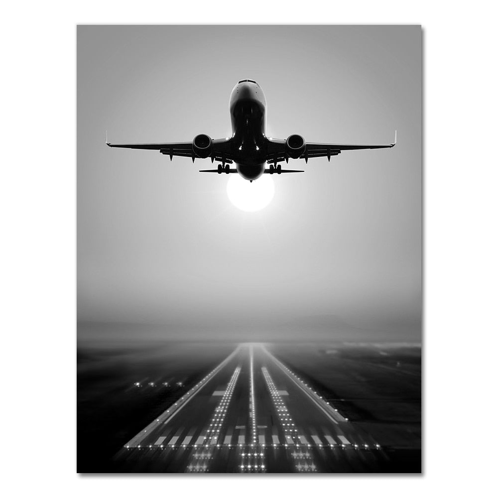 Black & White Takeoff Airplane Runway Wall Art Fine Art Canvas Print Inspirational Travel Poster Pictures For Living Room Bedroom Home Office Decor