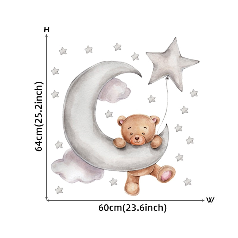 Cute Teddy Bear Moon Star Vinyl Wall Decals Removable PVC Wall Stickers For Nursery Room Playroom Baby's Bedroom Creative DIY Wall Decor