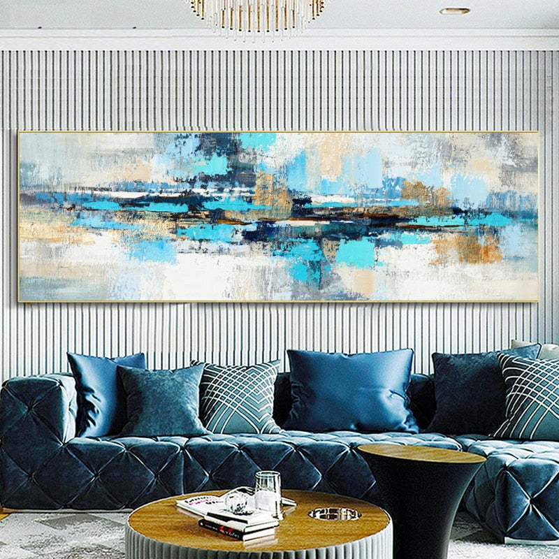 Modern Abstract Wide Format Wall Art Shades Of Blue Beige Gray Contemporary Pictures For Bedroom Above The Bed Or Above The Sofa Wall Decor