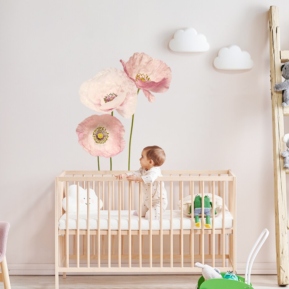 Big Pink Poppies Watercolor Floral Mural Vinyl Wall Decal Removable PVC Wall Stickers For Living Room Bedroom Creative DIY Nursery Wall Decor