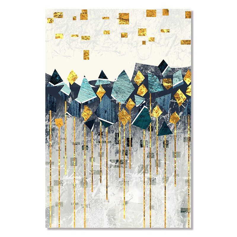 Abstract Geometric Mountain Landscape Blue Jade Green Golden Contemporary Wall Art Posters Fine Art Canvas Prints Nordic Pictures For Modern Home Decor