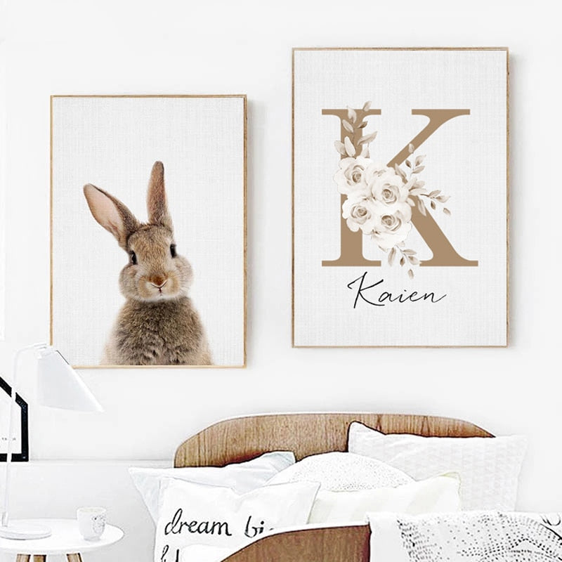 Personalized Baby's Name Cute Bunny Poster Wall Art Fine Art Canvas Prints Rabbit Pictures For Kid's Room Nordic Style Nursery Wall Decoroom Nordic Style Nursery Wall Decor