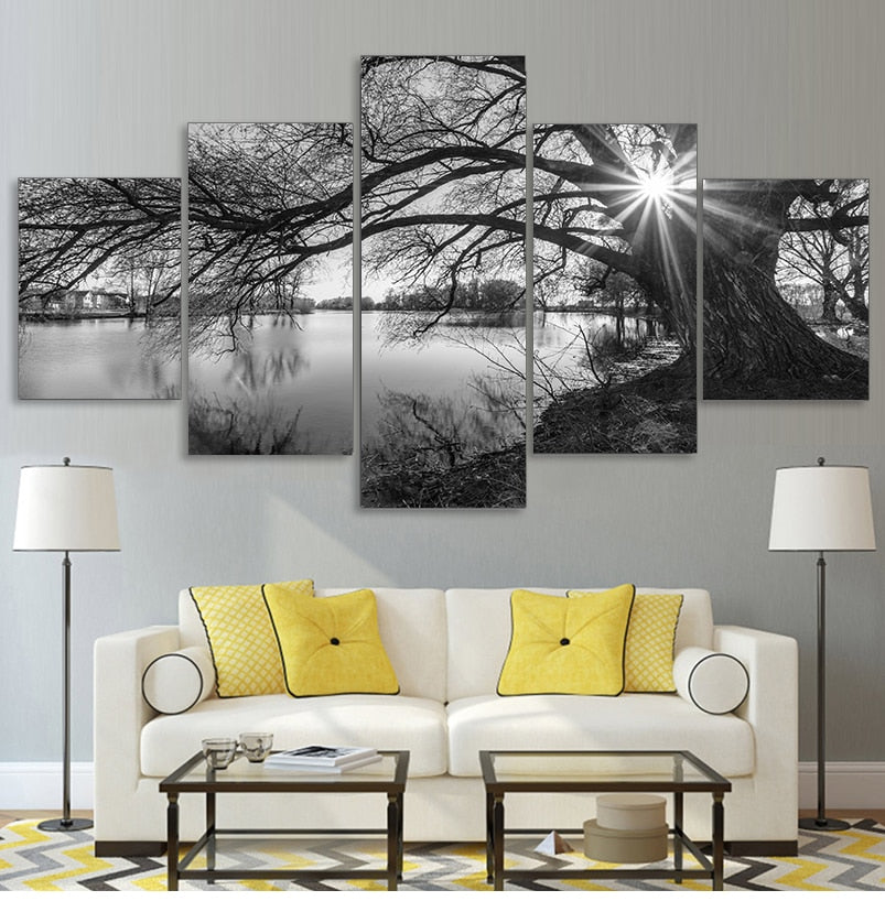 Winter Lake Landscape Scenery Wall Art Set of 5 pcs Fine Art Canvas Prints Modern Black & White Lifestyle Pictures For Living Room Decor