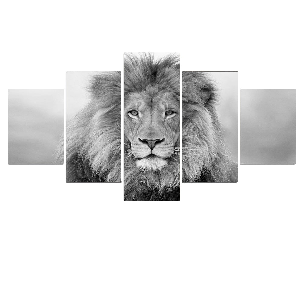 Black & White Lion Wall Art (Set of 5pcs) Fine Art Canvas Prints Modular Lifestyle Pictures For Living Room Kids Room Modern Home Decor