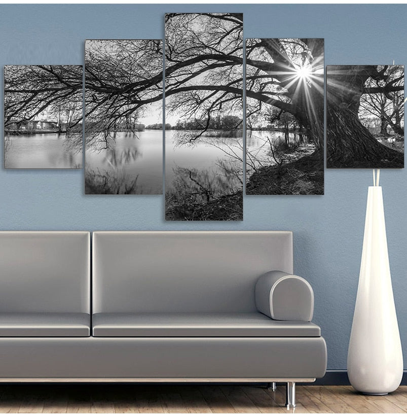 Winter Lake Landscape Scenery Wall Art Set of 5 pcs Fine Art Canvas Prints Modern Black & White Lifestyle Pictures For Living Room Decor