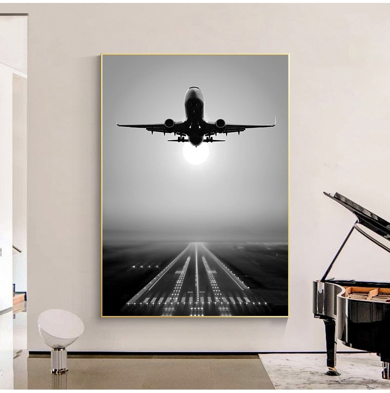 Black & White Takeoff Airplane Runway Wall Art Fine Art Canvas Print Inspirational Travel Poster Pictures For Living Room Bedroom Home Office Decor