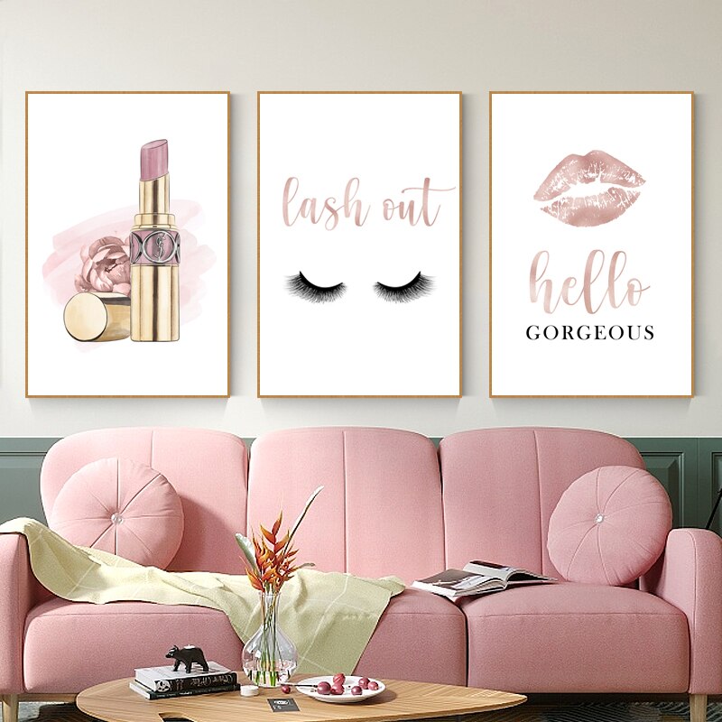Pink Lipstick Handbag Fashion Wall Art Fine Art Canvas Prints Hello Gorgeous Quote Poster For Girl's Bedroom Living Room Boutique Salon Wall Decor