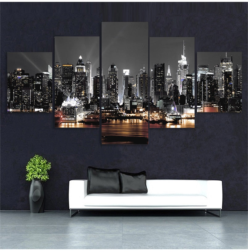 New York Cityscape Landscape Wall Art Set Of 5 Fine Art Canvas Prints Pictures For Modern Urban Loft Apartment Living Room Home Office Decor x 5pcs