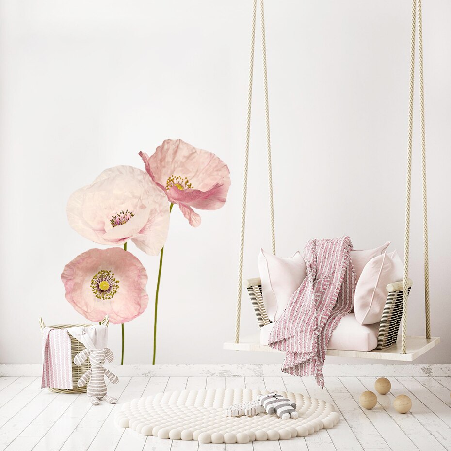 Big Pink Poppies Watercolor Floral Mural Vinyl Wall Decal Removable PVC Wall Stickers For Living Room Bedroom Creative DIY Nursery Wall Decor