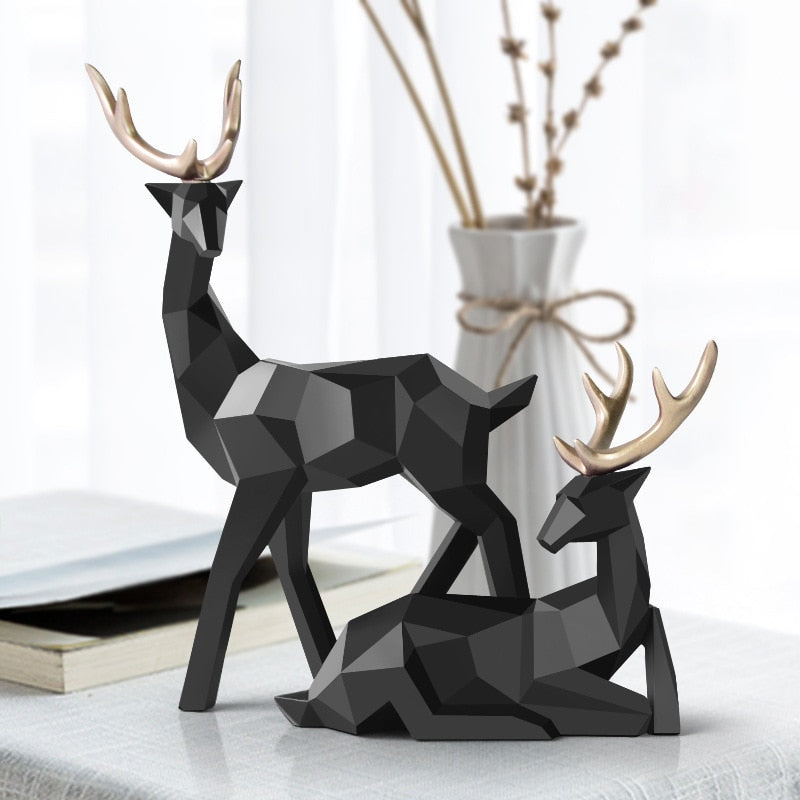 Abstract Geometric Golden Reindeer Sculptures Majestic Nordic Deer Statues For Living Room Tabletop Decoration In White Black Gold Blue Set of 2