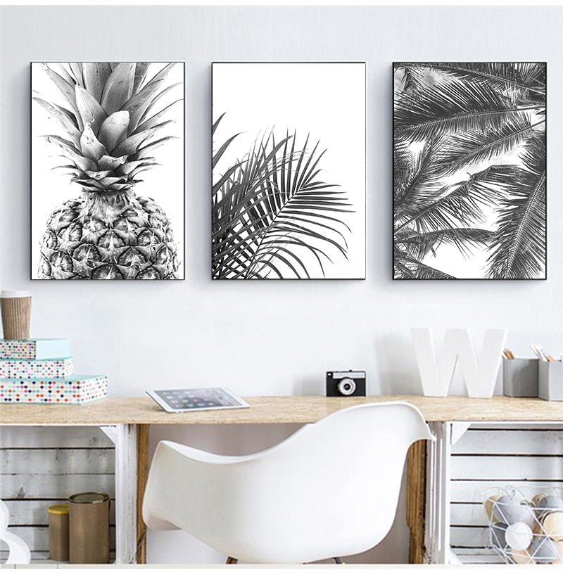 Tropical Palm Leaves Pineapple Wall Art Fine Art Canvas Prints Black White Minimalist Exotic Botanical Pictures For Living Room Home Office Wall Decor