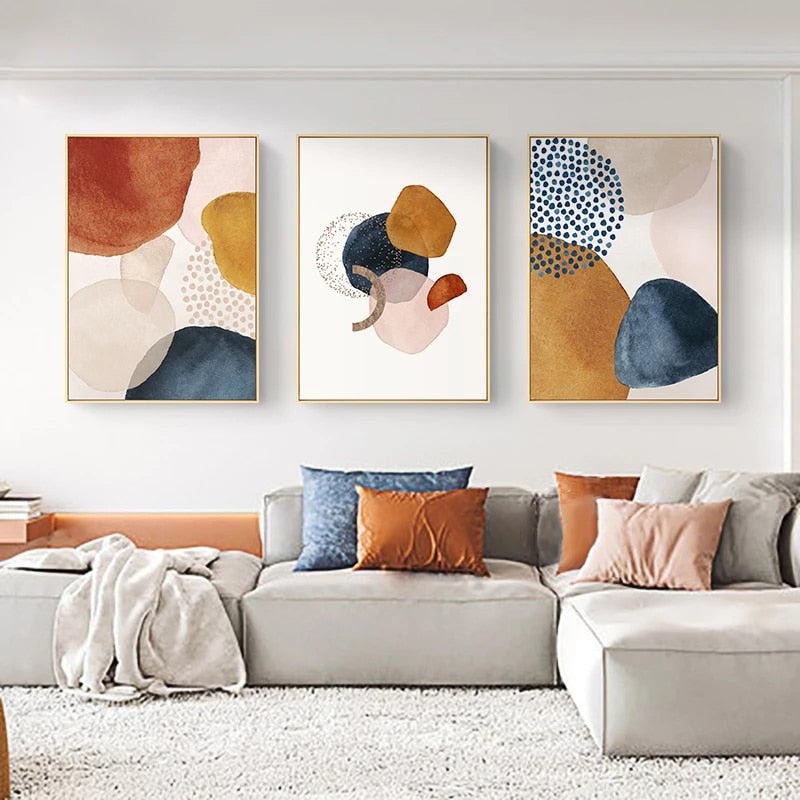 Modern Abstract Nordic Watercolor Orange Blue Beige Fine Art Canvas Prints Pictures For Living Room Dining Room Scandinavian Home Decor