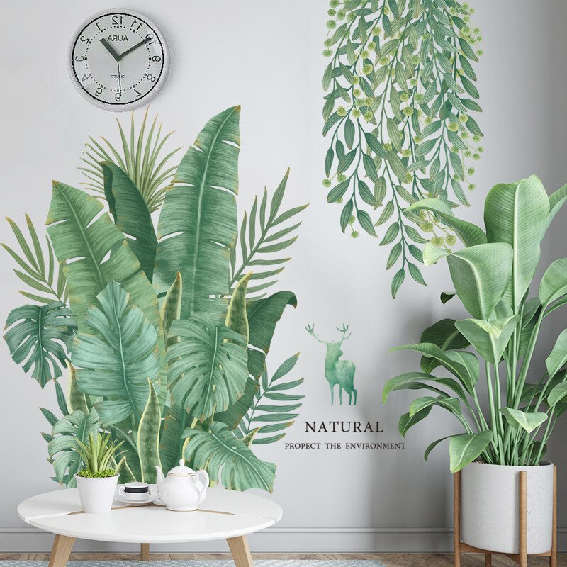 Tropical Greenery Wall Mural Removable PVC Vinyl Green Leaves Wall Sticker Decal Decoration For Living Room Dining Room Creative DIY Home Decor