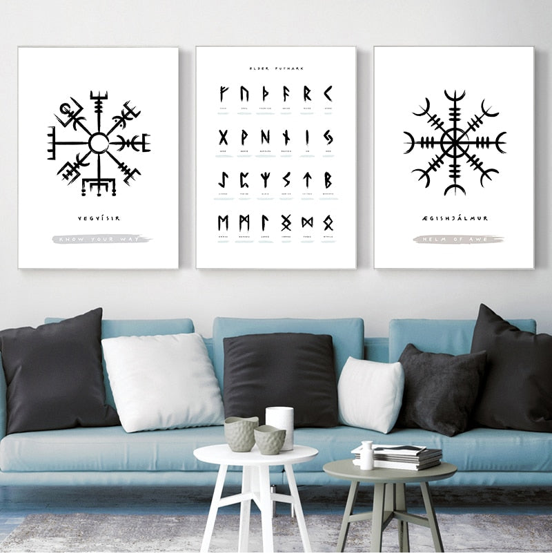 Old Norse Viking Runes Black White Fine Art Canvas Prints Nordic Posters For Scandinavian Living Room Dining Room Home Office Art Decor