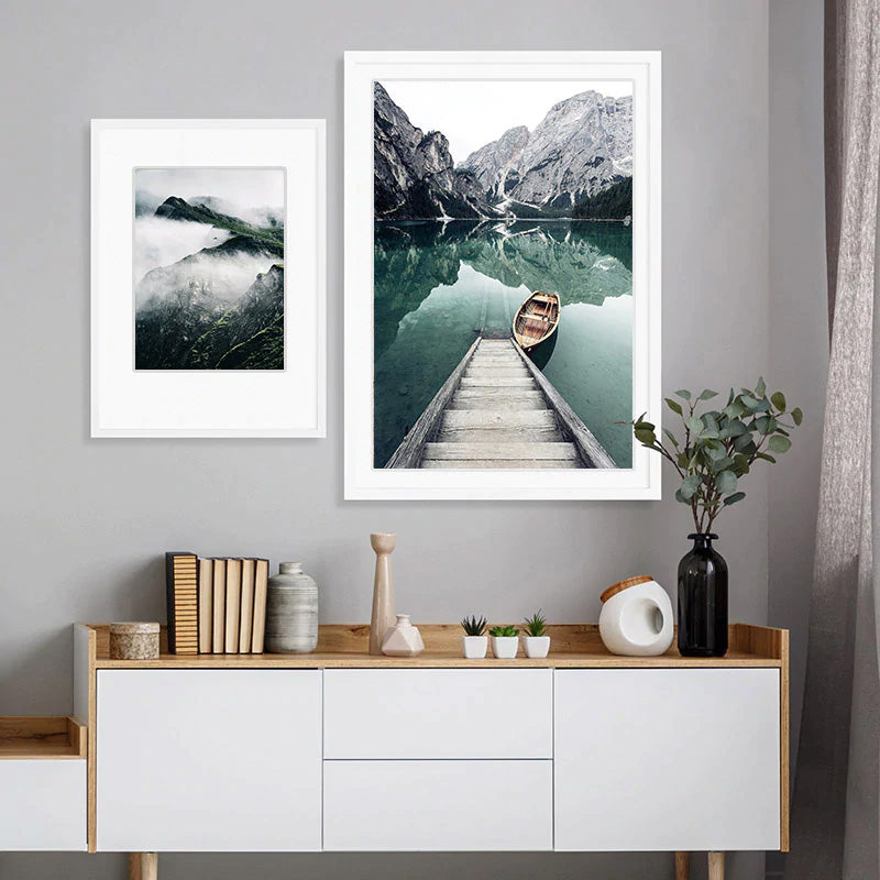 Idyllic Scenes Of Mountain Wilderness Wall Art Tranquil Lake Boat Reflections Pictures Of Calm Fine Art Canvas Prints Nordic Home Decor