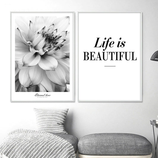 Life Is Beautiful Modern Black & White Floral Wall Art Fine Art Canvas Prints Minimalist Quotation Nordic Style Pictures For Modern Home Decor