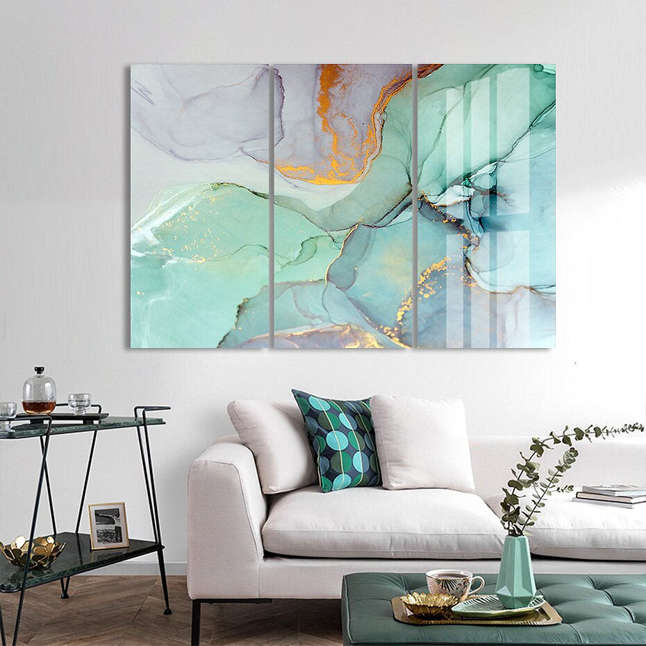 Liquid Teal Marble Print Wall Art Fine Art Canvas Prints Vertical Format Pictures For Modern Living Room Bedroom Nordic Home Decor (Set of 3)