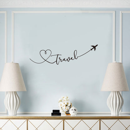 Love Travel Wall Decal PVC Decorative Wall Sticker Heart Travel Themed Typographic Quote Word Art Creative DIY Removable Self-Adhesive Wall Decoration