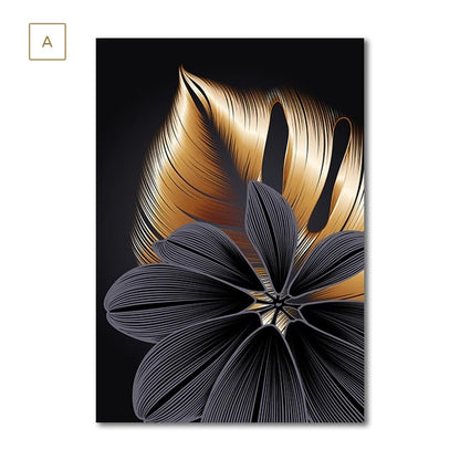 Luxury Black Golden Leaf Wall Art Fine Art Canvas Prints Modern Abstract Tropical Botanical Upscale Pictures For Living Room Loft Apartment Home Office Decor