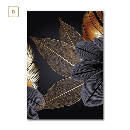 Luxury Black Golden Leaf Wall Art Fine Art Canvas Prints Modern Abstract Tropical Botanical Upscale Pictures For Living Room Loft Apartment Home Office Decor