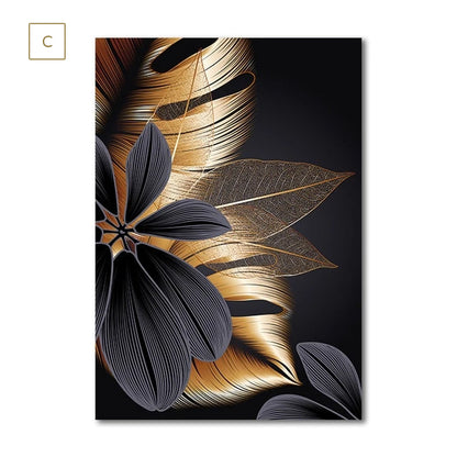 Luxury Black Golden Leaf Wall Art Fine Art Canvas Prints Modern Abstract Tropical Botanical Upscale Pictures For Living Room Loft Apartment Home Office Decor