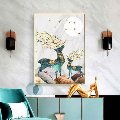 Magical Nordic Moonlight Deer Landscape Wall Art Fine Art Canvas Prints Modern Abstract Nature Pictures Luxury Living Room Wall Art Home Interior Decor