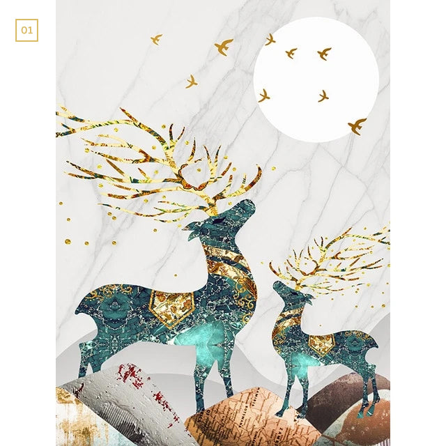 Magical Nordic Moonlight Deer Landscape Wall Art Fine Art Canvas Prints Modern Abstract Nature Pictures Luxury Living Room Wall Art Home Interior Decor