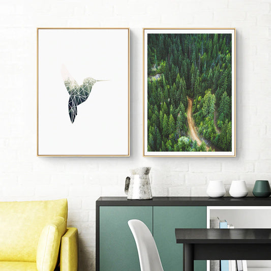 Minimalist Nature Green Forest Wilderness Wall Art Geometric Humming Bird Fine Art Canvas Prints Nordic Style Pictures For Modern Home Decor