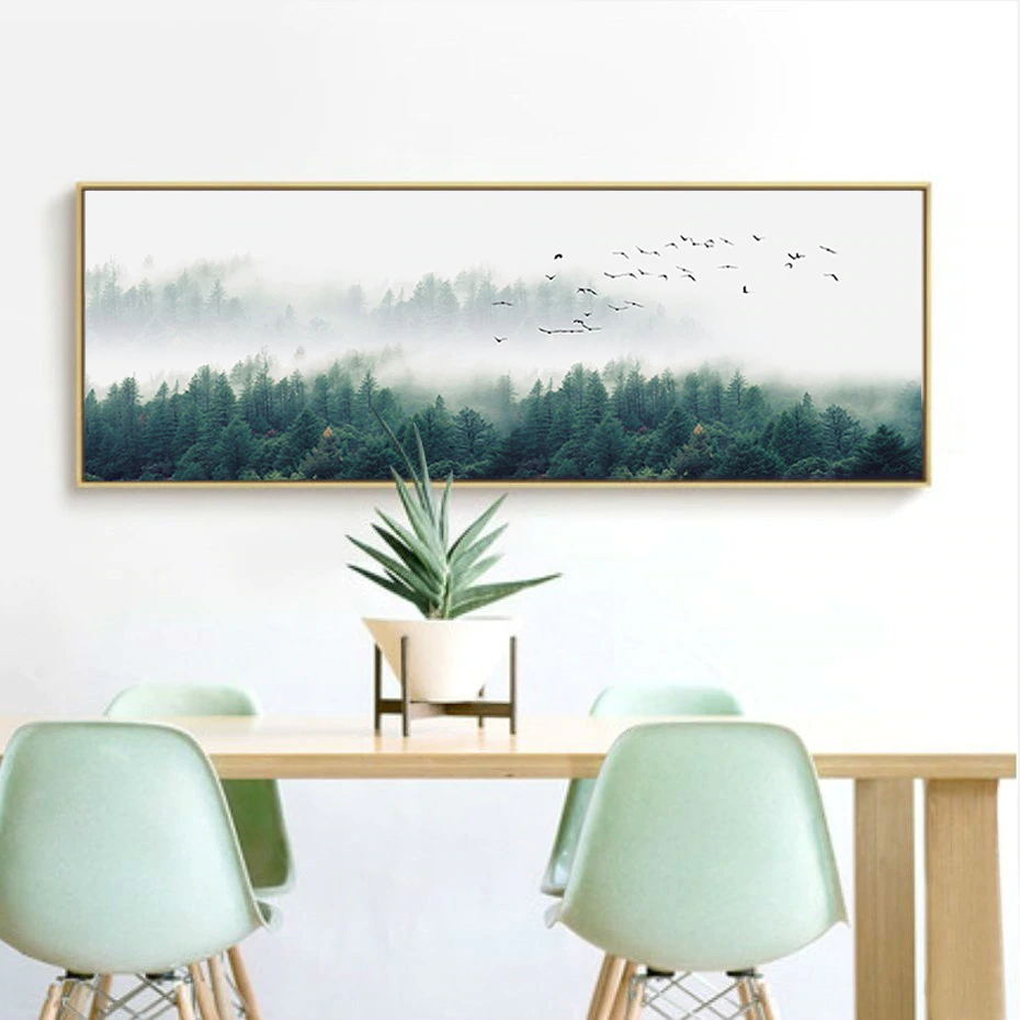 Misty Morning Forest Landscape Wide Format Wall Art Fine Art Canvas Prints Nordic Green Natural Wilderness Posters For Living Room Decor