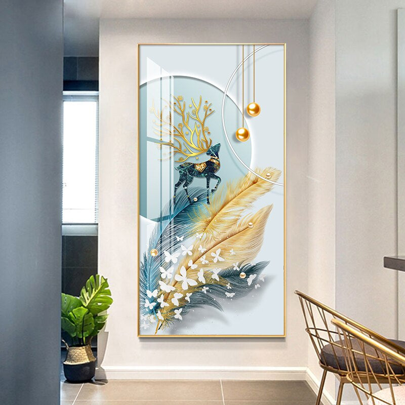 Modern Abstract Auspicious Mystical Deer Landscape Wall Art Fine Art Canvas Prints Golden Ring Feather Pictures For Luxury Living Room Wall Decor