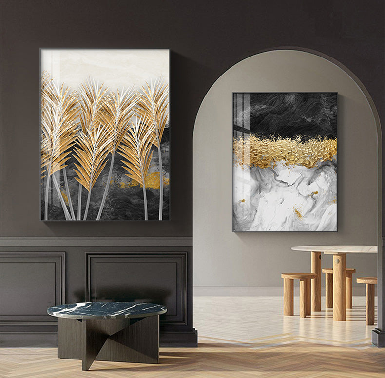 Modern Abstract Grey Marble Golden Leaves Wall Art Fine Art Canvas Prints Pictures For Luxury Living Room Dining Room Home Office Art Decor