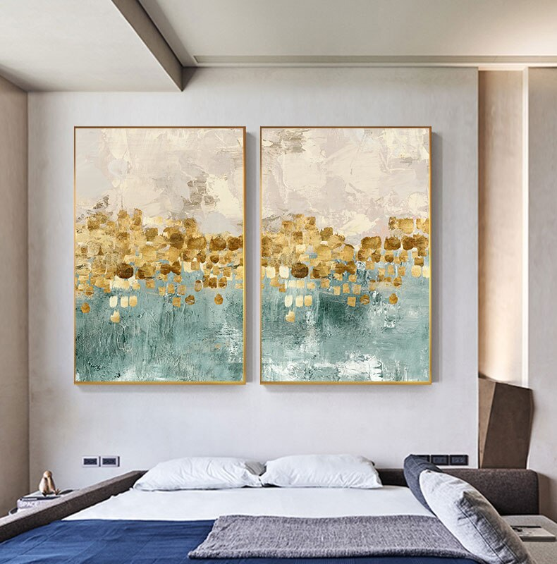 Modern Abstract Gold Beige And Jade Blue Luxury Wall Art Fine Art Canvas Prints Nordic Style Contemporary Wall Art Modern Interior Decor