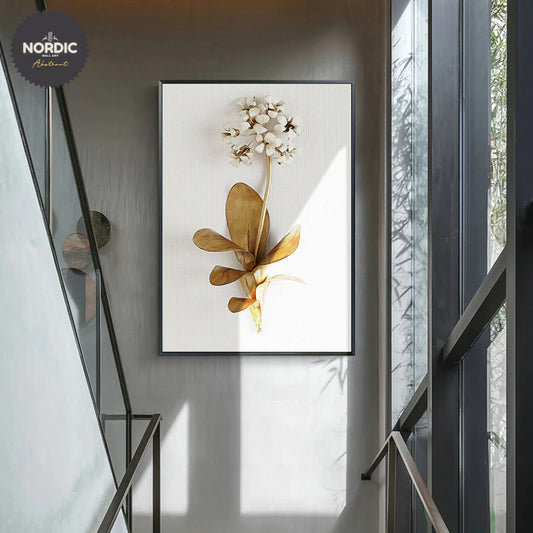 Modern Minimalist Golden White Flowers Wall Art Fine Art Canvas Prints Exotical Botanical Pictures For Living Room Dining Room Luxury Interiors Styling