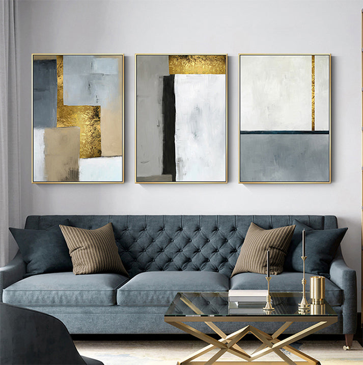 Modern White Gray Blue Golden Block Abstract Wall Art Fine Art Canvas ...