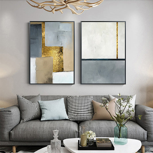 Modern White Gray Blue Golden Block Abstract Wall Art Fine Art Canvas Prints Pictures For Modern Living Room Loft Apartment Home Office Decor