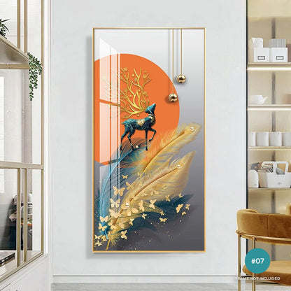 Modern Abstract Auspicious Mystical Deer Landscape Wall Art Fine Art Canvas Prints Golden Ring Feather Pictures For Luxury Living Room Wall Decor